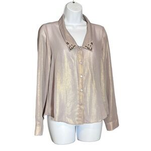 Decree Women's Button-Up Studded Collared Metallic Gray Long Sleeve Top S